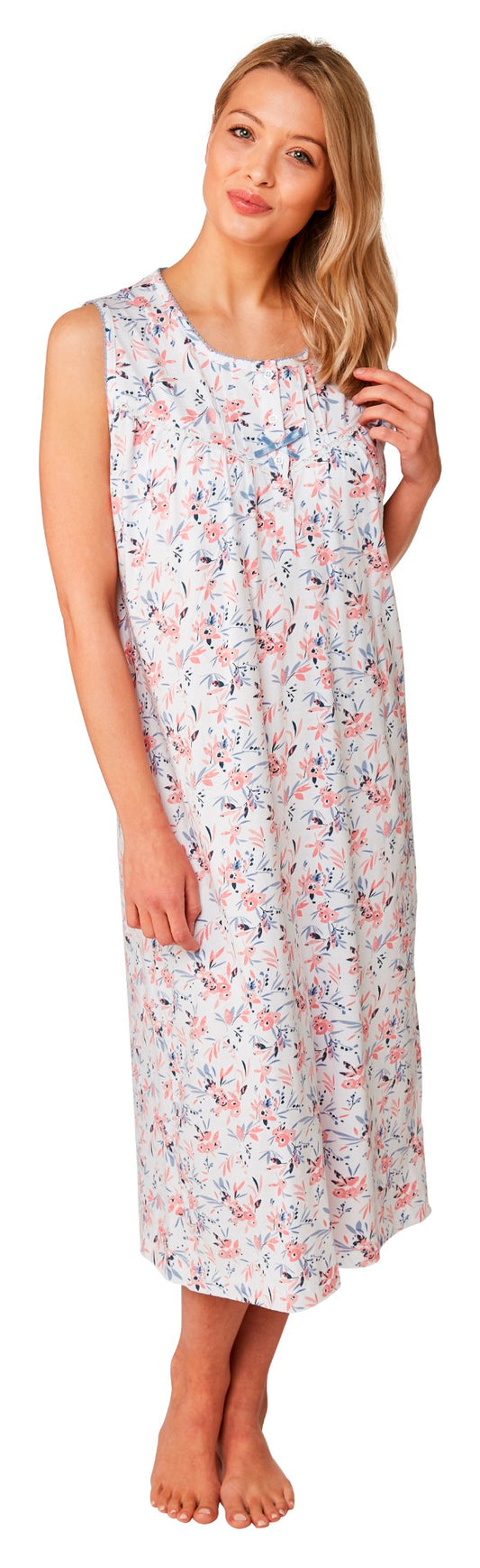 100% Cotton Jersey Sleeveless Print Nightdress - Coral - 8/10