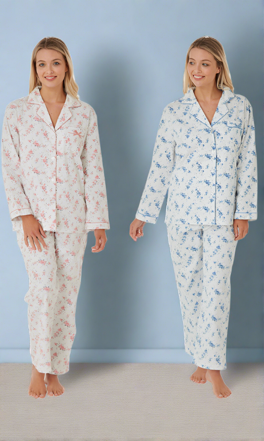 100% Brushed Cotton Wincyette Floral Print Pyjamas - Blue - 20/22