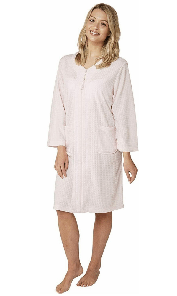 Marlon Dressing Gown Zip Front Ladies Houndstooth Waffle Robe - Pink - Blue - White - S/M/L