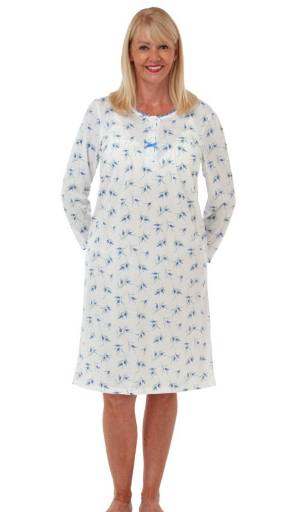 Marlon Nightdress 8/10 / Blue Floral Print Poly Cotton Jersey Wrap - Blue or Pink