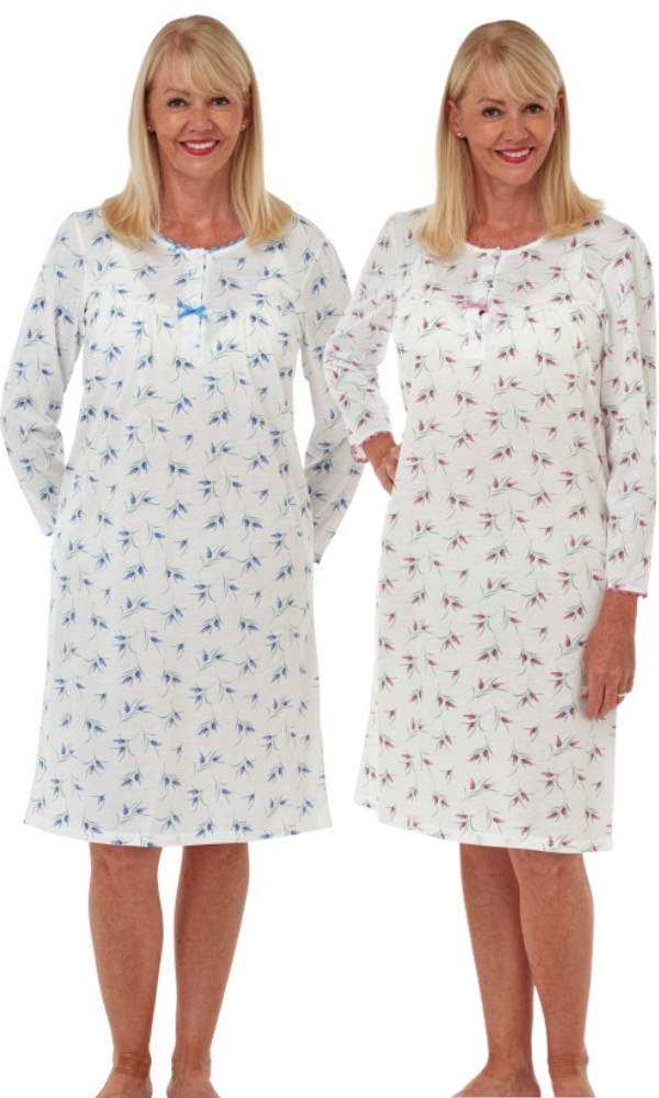 Floral Print Poly Cotton Jersey Nightdress - Blue or Pink – Pure Night