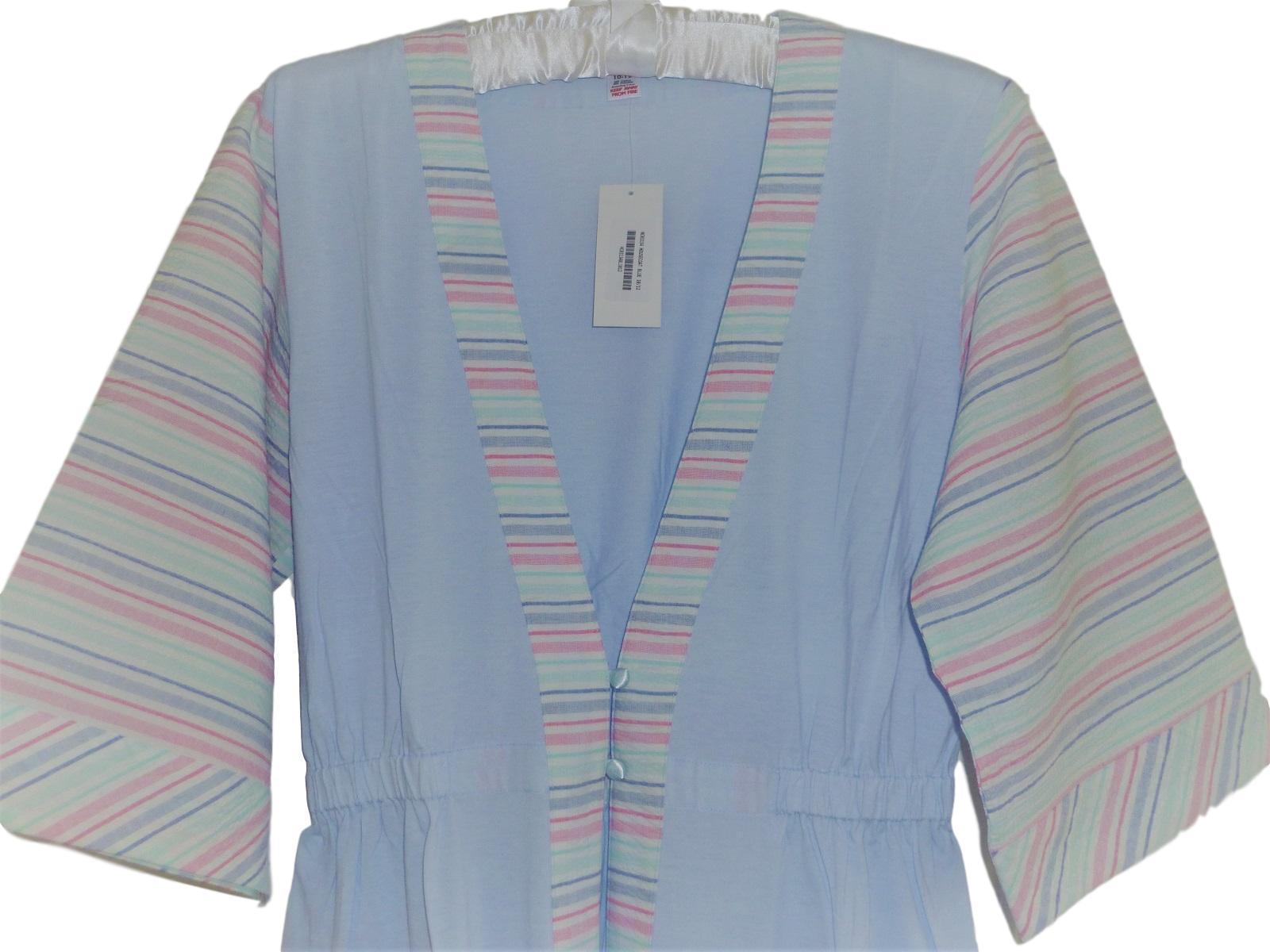 Slenderella Dressing Gown Cotton Blend Jersey with Cotton Stripe Contrast Housecoat - Blue or Pink