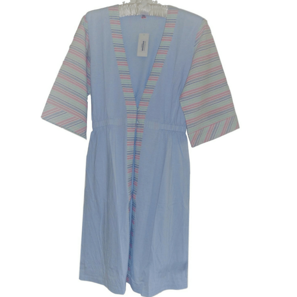 Slenderella Dressing Gown Cotton Blend Jersey with Cotton Stripe Contrast Housecoat - Blue or Pink
