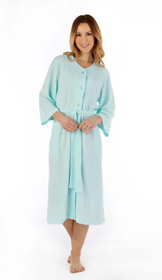 Slenderella Dressing Gown S(10/12) / Mint Houndstooth Knit 3/4 Sleeve Button Housecoat