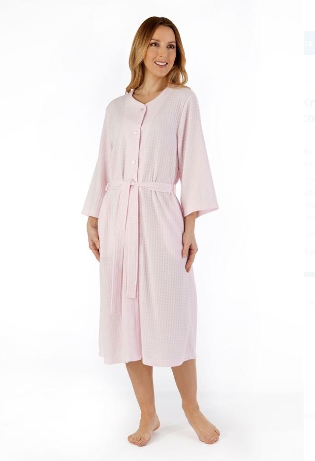 Slenderella Dressing Gown S(10/12) / Pink Houndstooth Knit 3/4 Sleeve Button Housecoat